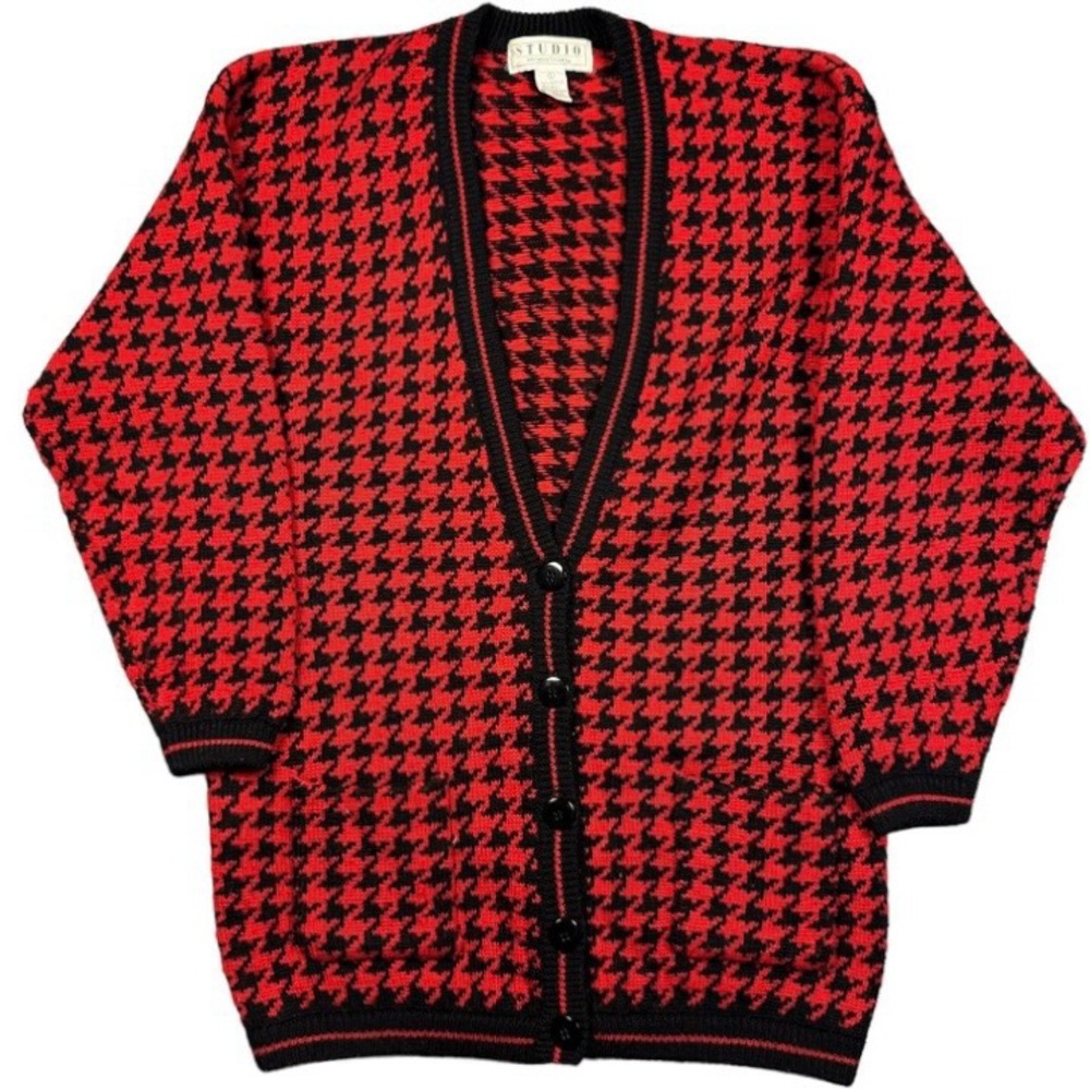 Red & Black Thick Wool Cardigan by Studio Michelle Stuart